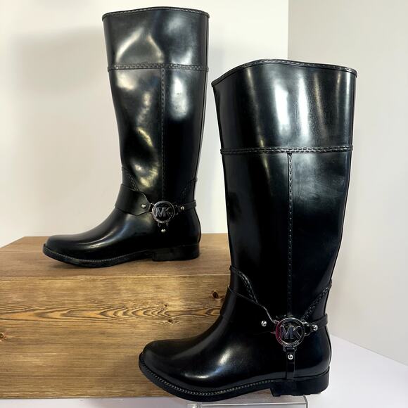 Michael Kors Fulton Harness Rain Boots Womens 6 Waterproof Logo Glossy Classic - Picture 3 of 11